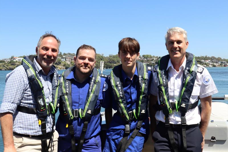 (L to R) Emergency Services Minister Jihad Dib - Marine Rescue Botany Port Hacking Unit Commander Aaron Blackwell - trainee crew Noah Blackwell - MRNSW Acting Commissioner Todd Andrews photo copyright Marine Rescue NSW taken at  and featuring the Marine Industry class