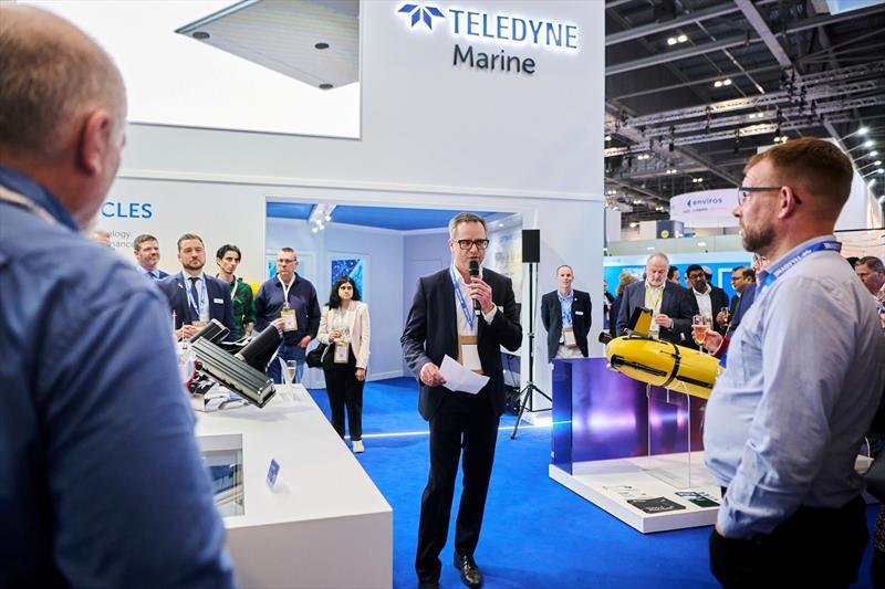 Ole Søe-Pedersen, Executive Vice President and General Manager of Teledyne Marine Europe, making a speech at the company's champagne reception at Oi26, marking the RESON brand's 50th anniversary - photo © Oceanology International