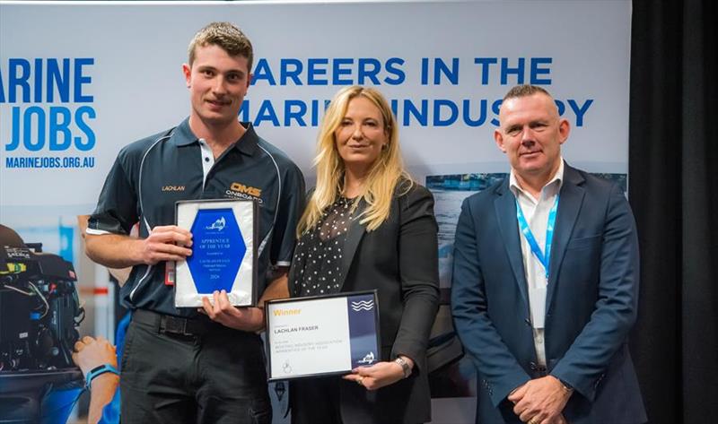 (from left): BIA Apprentice of the Year 2026 Lachlan Fraser of Onboard Marine Services, BIA President Tracy Souris and Gary Downs photo copyright Boating Industry Association taken at  and featuring the Marine Industry class