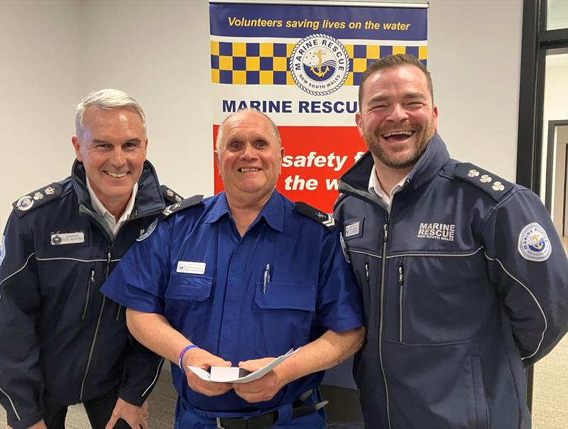 L to R - Marine Rescue NSW Commissioner Todd Andrews - Allan Russell and Marine Rescue Botany Port Hacking Unit Commander Aaron Blackwell photo copyright Marine Rescue NSW taken at  and featuring the Marine Industry class