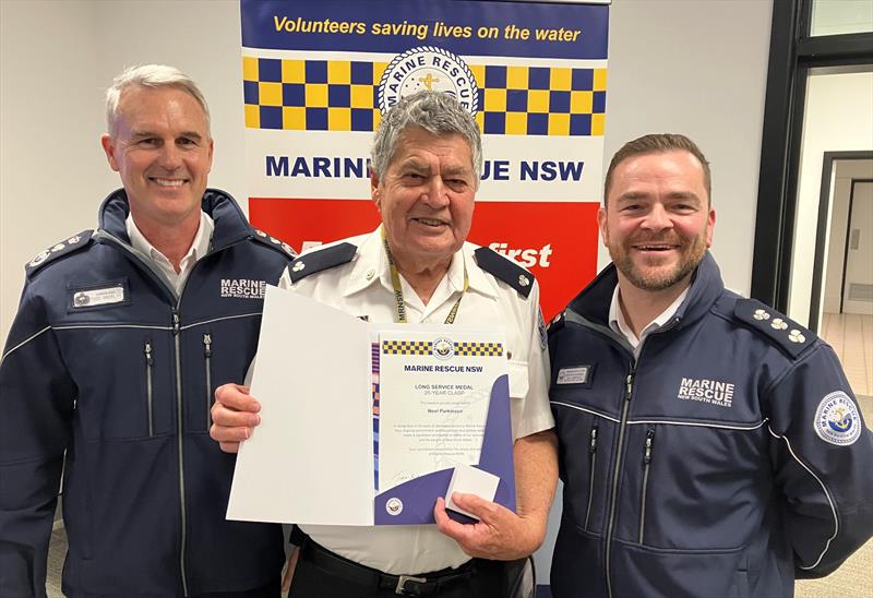 L to R - Marine Rescue NSW Commissioner Todd Andrews - Noel Parkinson and Marine Rescue Botany Port Hacking Unit Commander Aaron Blackwell photo copyright Marine Rescue NSW taken at  and featuring the Marine Industry class