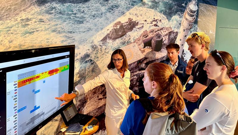 PredictWind weather expert Lisa McDonald demonstrates the PredictWind platform to RORC Griffin Pathway sailors during the RORC Crew Party at RORC Cowes photo copyright Predictwind taken at  and featuring the Marine Industry class