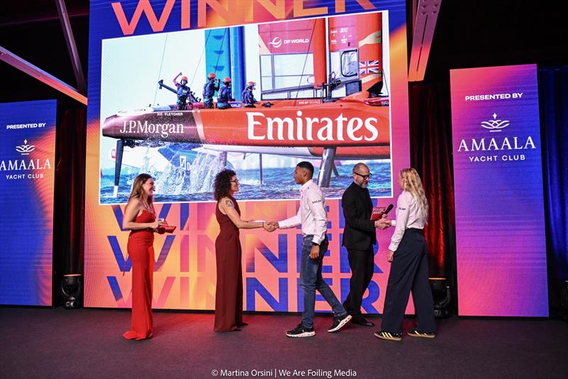 Foiling Awards IX - Olympic gold medallist Ellie Aldridge and Kai Hockley on stage with Greta Eline Poclen, Giulia Conti and Zoran Filicic, for the Sailing Team Award to Emirates Great Britain SailGP Team photo copyright Martina Orsini / We Are Foiling Media taken at  and featuring the Marine Industry class