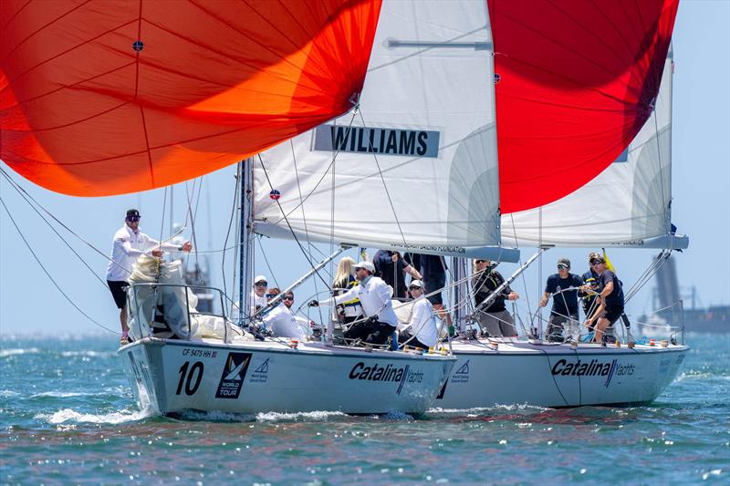 Ian Williams with crew Richard Sydenham, Gerrard Thomas, Gerry Mitchell, Ricky McGarvie, Ted Hackney, Oisin Mclelland leads the downwind leg - 59th Congressional Cup photo copyright Ian Roman/WMRT taken at Long Beach Yacht Club and featuring the Match Racing class