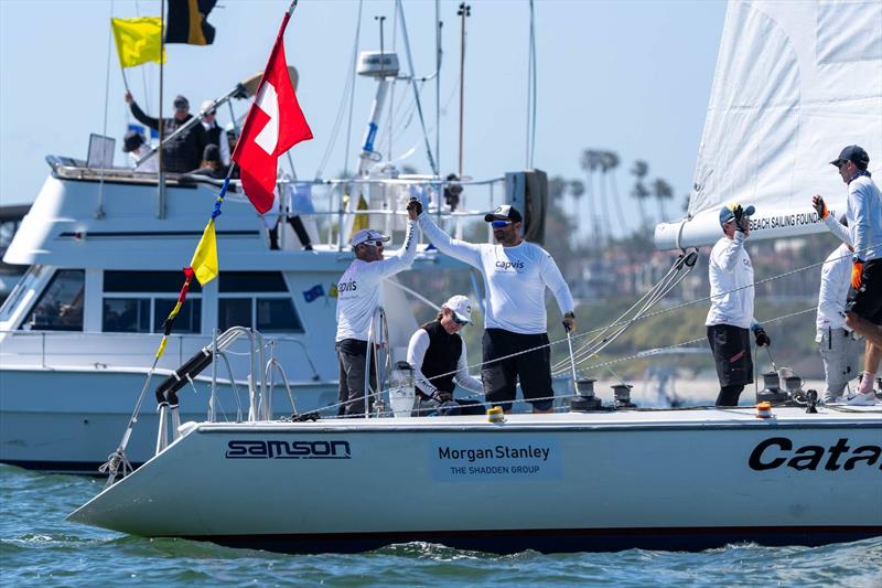Monnin celebrates his third place podium finish in the 59th Congressional Cup photo copyright Ian Roman / WMRT taken at Long Beach Yacht Club and featuring the Match Racing class