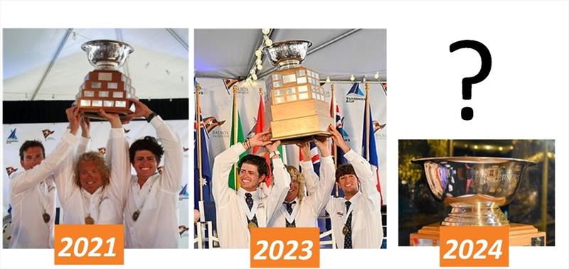 Left picture, (l to r), Scott Mais, Max Brennan & Jeffrey Petersen; middle picture (l to r), Jeffrey Petersen, Max Brennan & Enzo Mendotti. Will Petersen get a record 3rd win in 2024? photo copyright Susan Kenney taken at Balboa Yacht Club and featuring the Match Racing class