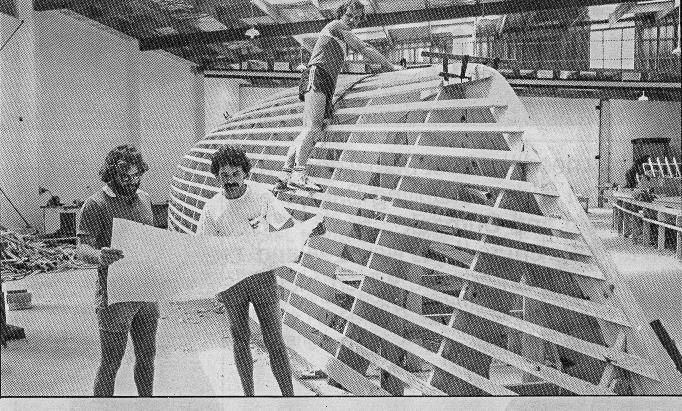 Ian Cook of YDL (standing on plug) , as an apprentice working on the original build of Lion New Zealand in 1984 photo copyright Alan Sefton taken at Royal New Zealand Yacht Squadron and featuring the Maxi class