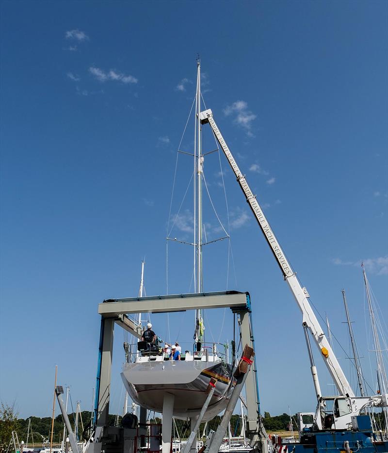 Maiden's new Selden mast is stepped following her restoration in Hamble photo copyright Kaia Bint Savage taken at 