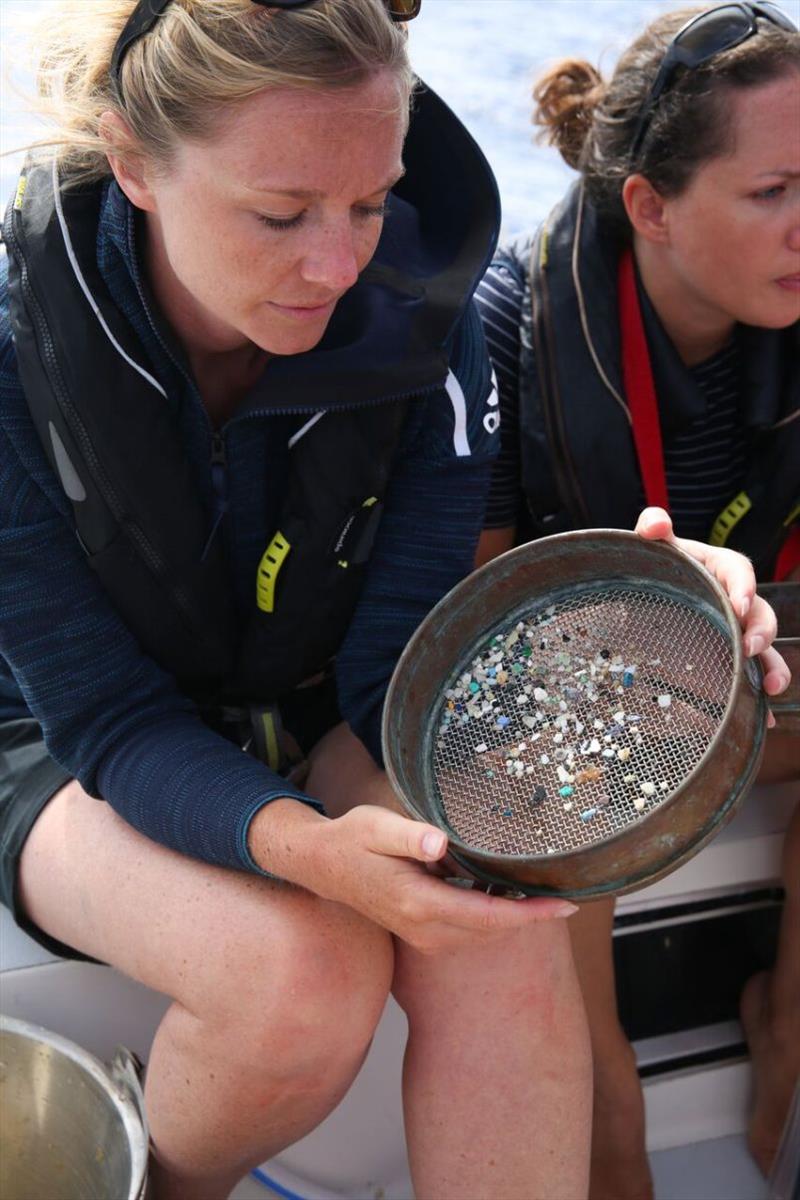 While sailing from Hawaii to Vancouver, the eXXpedition crew used a trawl to sample the ocean for microplastics. Pictured here, eXXpedition co-founder Emily Penn shows microplastics found in the trawl photo copyright Eleanor Church / Lark Rise Pictures taken at 