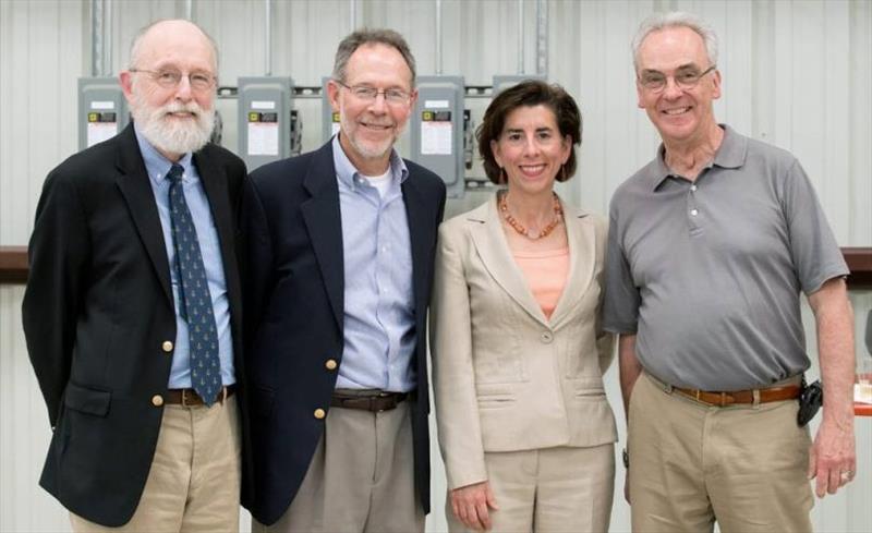 URI Graduate School of Oceanography Dean Bruce Corliss, WHOI VP of Marine Facilities & Operations Rob Munier, Rhode Island Governor Gina Raimondo, and WHOI President & Director Mark Abbott (left to right) attended keel-laying ceremony of R/V Resolution. - photo © Crystal Sanderson