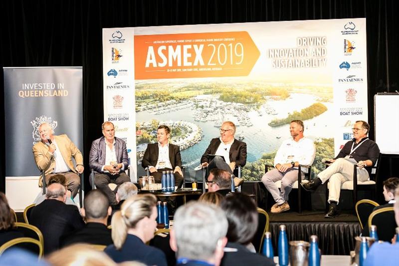 Refit & Repair Panel (from the left)  Trenton Gay, CEO GCC M&S; Steve Fisher, Director of IB, Rivergate M&S; Brenton Fischer, Director, Sydney City Marine; Martin Redmayne (emcee) Chair & Editor-in-Chief, TSG; Mark Phelps, IBM, TYB; Justin Parer, MD BSEMS - photo © AIMEX