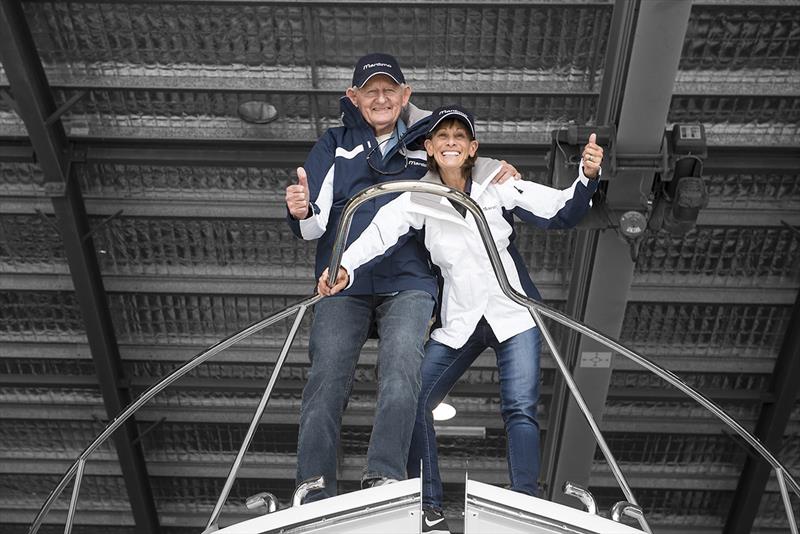 Tom Campbell and Beth David on the bow of their new Maritimo - photo © Murray Waite