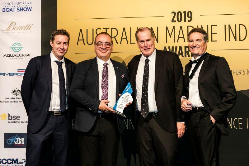 Steve Fisher from Rivergate Marina and Shipyard presenting the Superyacht Industry Project, Design or Manufacturer of the Year Award to Chris Blackwell, Echo Yachts, Sam Sorgiovanni, Sorgiovanni Design, and Mark Stothard, Echo Yachts. - photo © AIMEX