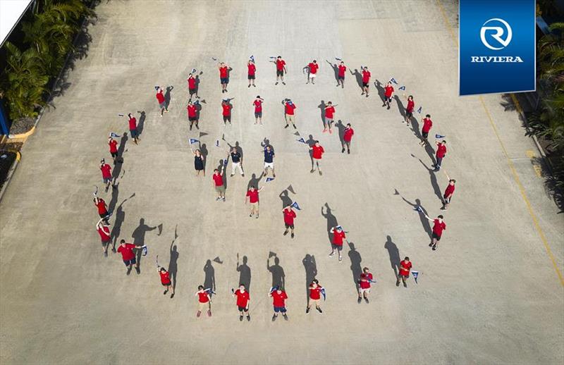 Riviera's first-year apprentices stand proud in the form of the Riviera R logo to mark the start to an exciting new career in the marine industry at the company's Gold Coast boatbuilding facility.  - photo © Riviera Australia
