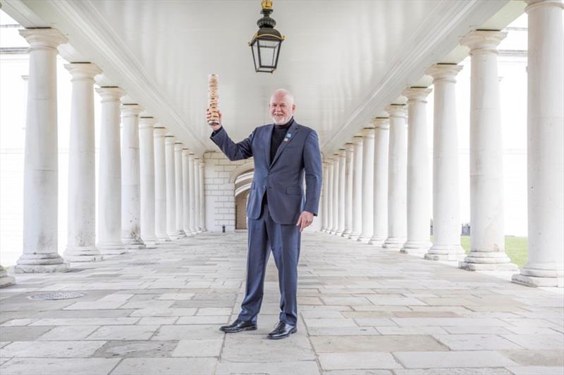 Ambassador Peter Thomson UN Secretary Generals Special Envoy for the Ocean holds aloft the Relay4Nature baton after receiving it at the National Maritime Museum in Greenwich London. - photo © Cherie Bridges / The Ocean Race