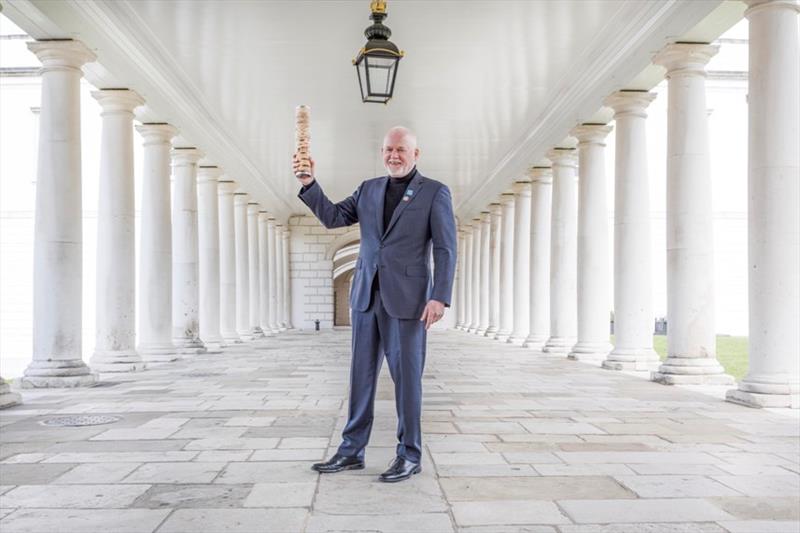 Ambassador Peter Thomson UN Secretary Generals Special Envoy for the Ocean holds aloft the Relay4Nature baton after receiving it at the National Maritime Museum in Greenwich London. - photo © Cherie Bridges / The Ocean Race