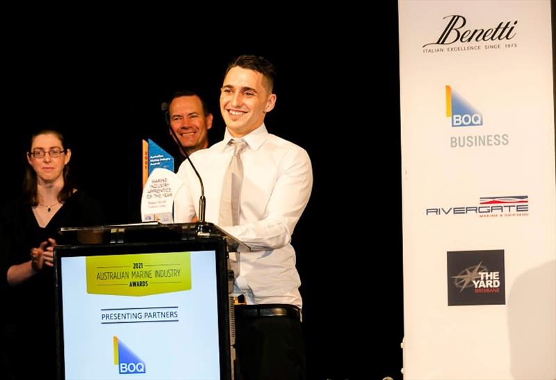 Robert Smith's acceptance speech with  Jasmine Willoughby (Apprentice of the Year 2020 in the rear left) & MC, Rupert McCall - photo © AIMEX