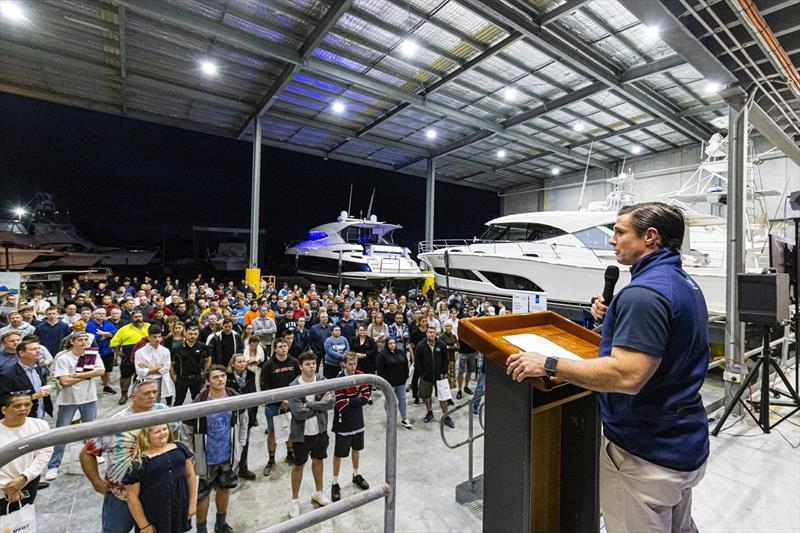 Riviera safety and training manager Adam Houlahan welcomes 330 students, parents, teachers, industry liaison officers and employment service providers to the Riviera facility - photo © Riviera Australia