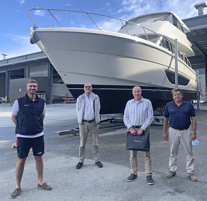Mike is shown being farewelled by Maritimo's lead designer Tom Barry-Cotter (L), General Manager Phil Candler (Centre Left), and Production Manager Kym Fleet (R). - photo © Maritimo