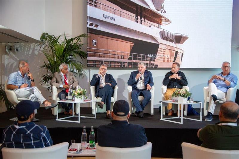 Gulf Craft panel, L-R: Justin Ratcliffe, Mohammed Hussein AlShaali - Gulf Craft Chairman, Cristiano Gatto - Majesty 175 designer, Kostas Christodoulou - COO Gulf Craft, Peter Southgate - Regional Director Cayman Registry, Martin Redmayne - Industry Expert - photo © Gulf Craft