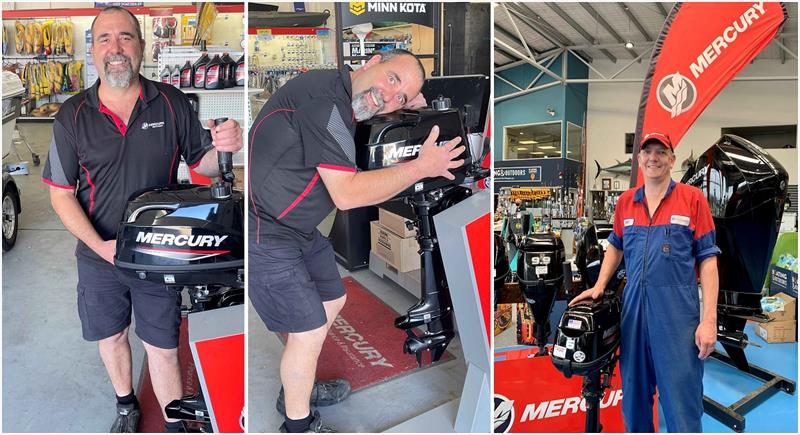 Winner of Technician of the Year Craig Bell (left and centre) and runner-up James Taylor (right) with prize engines photo copyright Mercury Marine taken at 