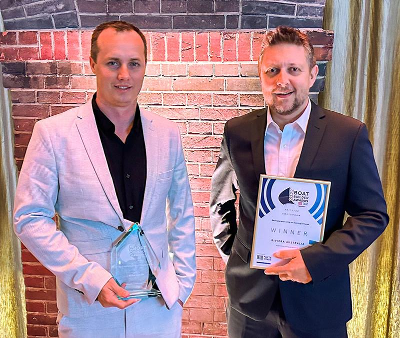 Kyle Davison Manufacturing Director & Dan Henderson Design & Engineering Director were honoured to receive 2022 Boat Builder Award for `Best Apprenticeship or Training Scheme` held in Amsterdam on behalf of the 900-strong team at Riviera Australia photo copyright Riviera Australia taken at 