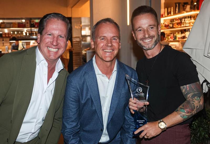 International Dealer of the Year award for 2022. From left to right - Mike Basso - Sun Country Marine, Rodney Longhurst – Riviera, Greg Glogow – Sun Country Marine photo copyright Riviera Australia taken at 