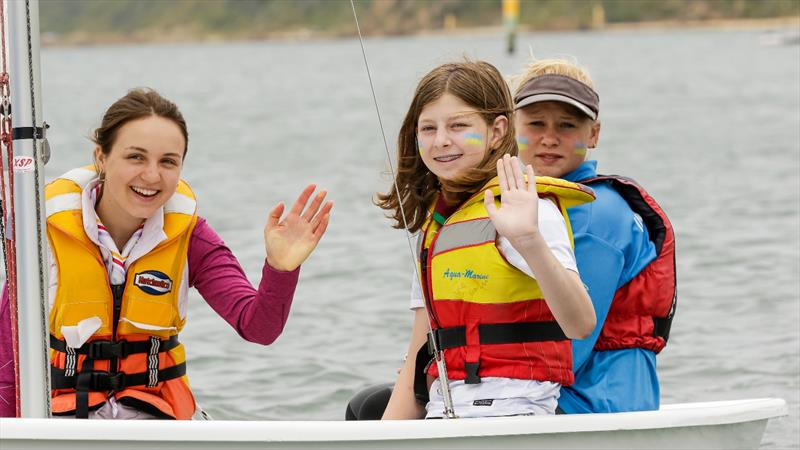 Young girl is Oksana Makohon – Plast Ukrainian Scout from Melbourne. Older girl is Hafiia Nahirniak, from Kyiv. Here to attend Plast Ukrainian Scout Jamboree and visit family. The third girl (skipper) is MYC member Lucy Laverty - photo © Al Dillon Images