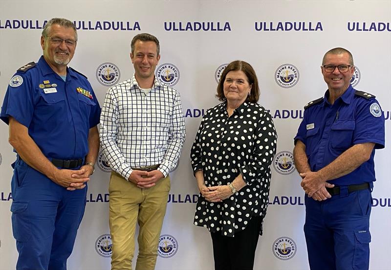 Retiring Member for South Coast Shelley Hancock presented Ulladulla Unit Commander John Samulski (SAM-UL-SKI) with the funding at the unit's base - photo © Marine Rescue NSW