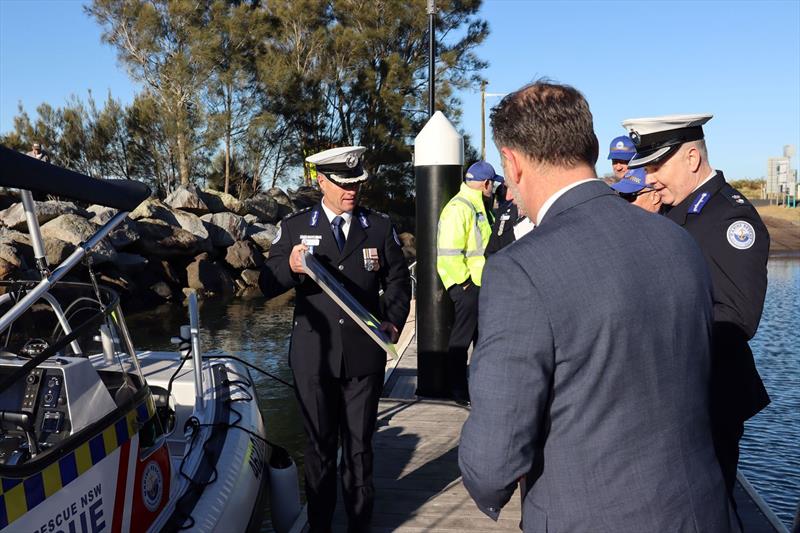 Minister for Emergency Services Jihad Dib and Bega MP Dr Michael Holland today welcomed a new $375,000 Marine Rescue NSW vessel at Batemans Bay - photo © Marine Rescue NSW