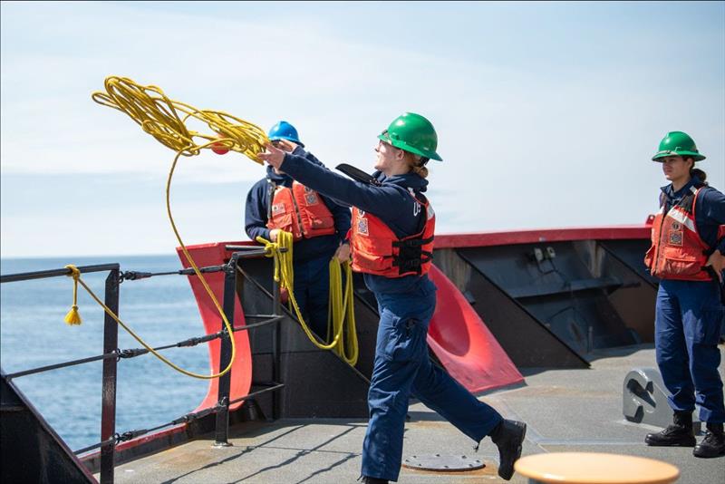 Seaman Penelope Buel, a crewmember aboard the Coast Guard Cutter Healy, throws a heaving line during training the Pacific Ocean, July 13, 2023 photo copyright Petty Officer 3rd Class Briana Carter taken at 