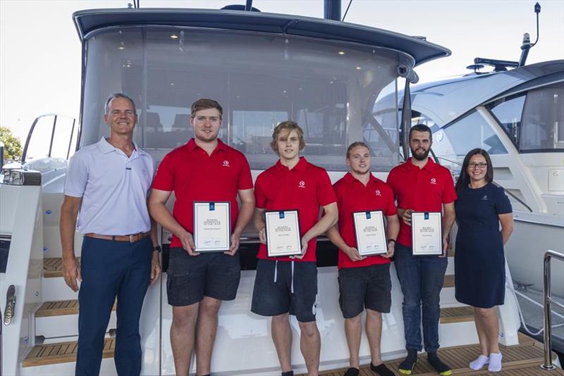 Pictured from left to right – Rodney Longhurst, Owner Riviera, Connor Baruksopulo, Zidane Farkas, Caden Fletcher, Samuel Gross (Engineering - Second Year) and Keira Badke, Riviera Apprentice and Training Manager - photo © Riviera Australia