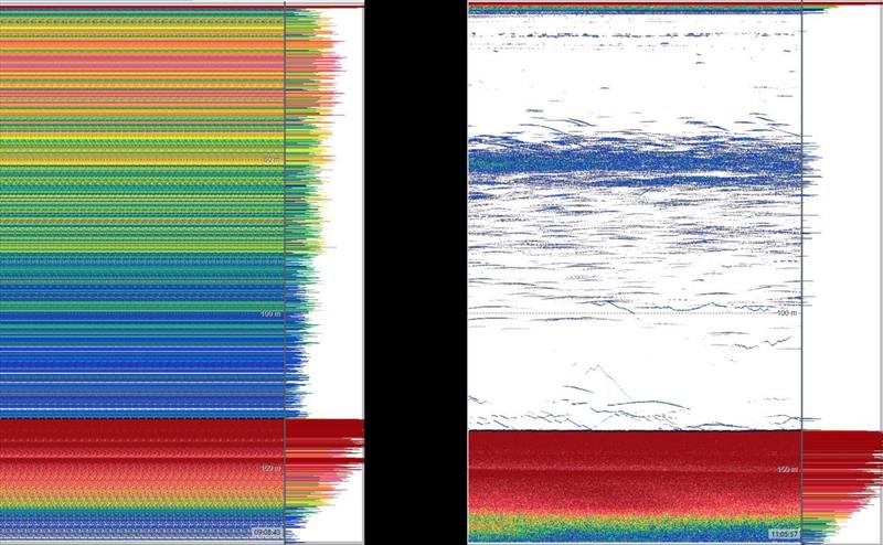 The new design also features less ringing compared to the MK1, with the image showing prototype testing in December with massive noise (left) and the release version (right) with little or no reverberation near the transducer - photo © Kongsberg Discovery