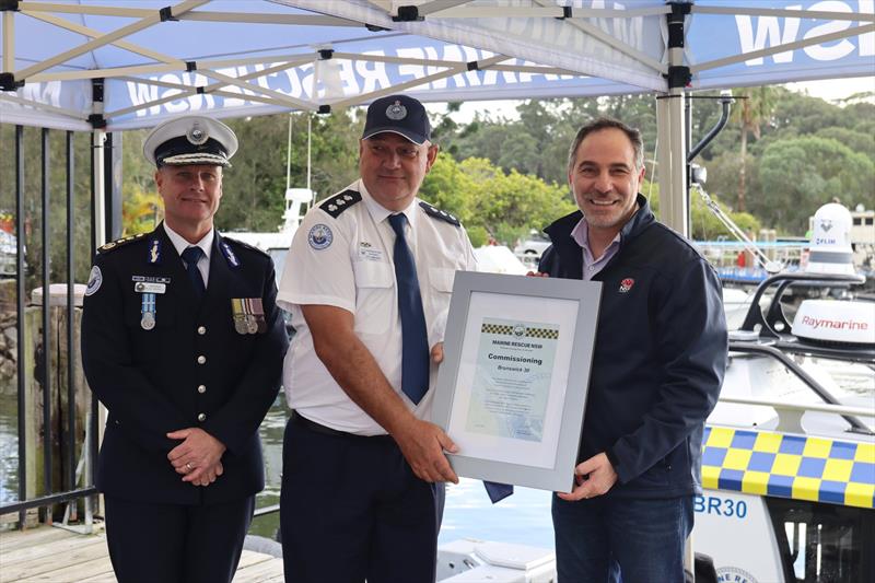 (LtoR) MRNSW Commissioner Alex Barrell Marine Rescue Brunswick Unit Commander Jonathan Wilcock Minister for Emergency Services Jihad Dib - photo © Marine Rescue NSW