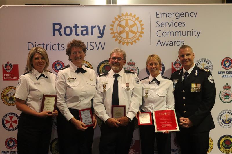 MRNSW RESCA L to R Kelli Jovanovski-Port Jackson Sonia Teston-Merimbula David Bigeni-Port Macquarie Nancy Weatherman-Eden Commissioner Alex Barrell - photo © Marine Rescue NSW