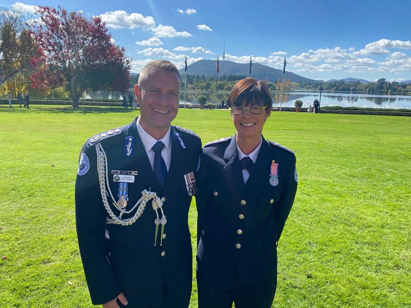 Marine Rescue NSW Commissioner Alex Barrell and Marine Rescue Bermagui volunteer Caron Parfitt ESM - photo © Marine Rescue NSW