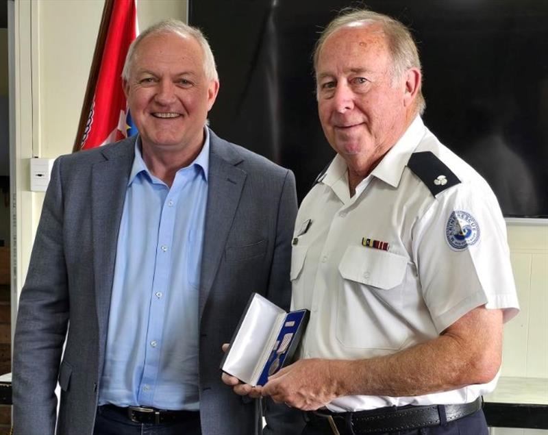 Minister Harris and Marine Rescue Tuggerah Lakes volunteer Bob Blue - photo © Marine Rescue NSW