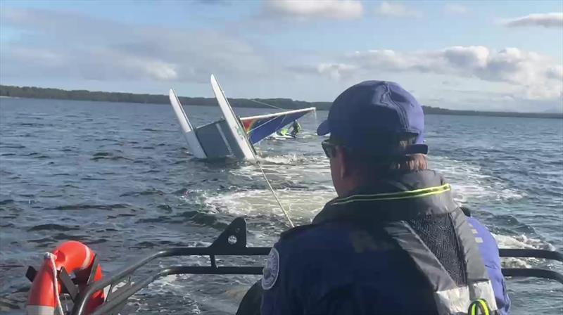 Marine Rescue Sussex Inlet righted a capsized catamaran on St Georges Basin - photo © Marine Rescue NSW