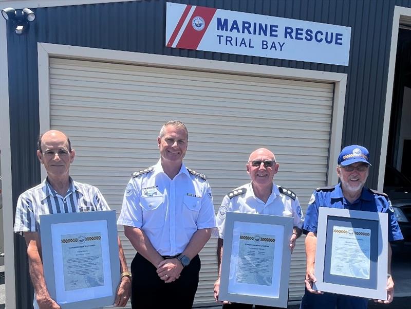 L to R David Meani - MRNSW Commissioner Alex Barrell - Marine Rescue Trial Bay Unit Commander Ian Turner - photo © Marine Rescue NSW
