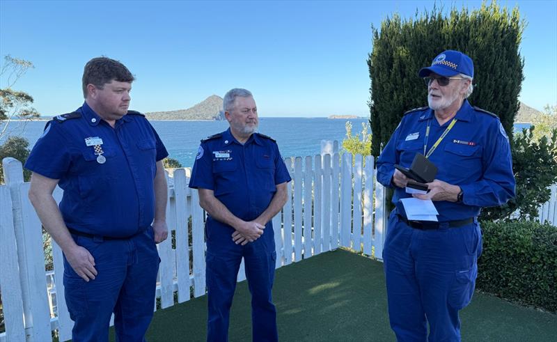 L to R - Lee Ryman - Laurie Nolan and Marine Rescue Port Stephens Unit Commander Ben van der Wijngaart - photo © Marine Rescue NSW 