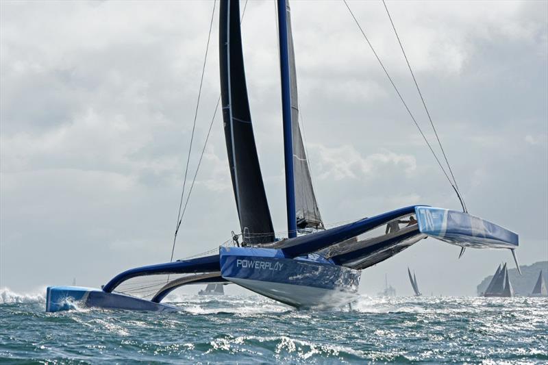 MOD70 PowerPlay, skippered by Ned Collier Wakefield, with Peter Cunningham on the tiller during RORC Race the Wight photo copyright Rick Tomlinson taken at Royal Ocean Racing Club and featuring the MOD70 class