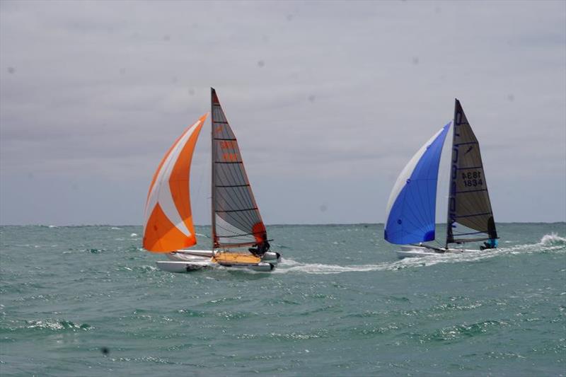 Close racing was a feature of the Spinnaker Division, Pete Kiely leads Gary Maskiell (eventual winner) - 49th Mosquito Catamaran Australian Championships photo copyright Victor Harbor YC taken at Victor Harbor Yacht Club and featuring the Mosquito class