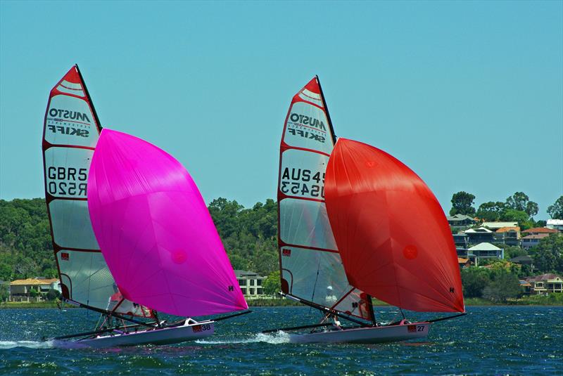 Dave Poston chasing Marcus Hamilton at the ACO Musto Performance Skiff Worlds photo copyright Rick Steuart / Perth Sailing Photography taken at Mounts Bay Sailing Club, Australia and featuring the Musto Skiff class