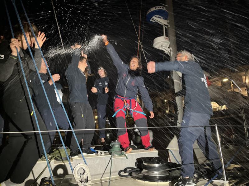 Champagne celebrations for Pen Duick VI after taking second spot - photo © OGR2023 / Jacqueline Kavanagh