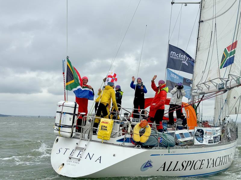 Hugs all round finally crossing the finish line of the MCINTYRE OCEAN GLOBE RACE , quite an achievement for a South African entry photo copyright Aïda Valceanu/ OGR2023 taken at Royal Yacht Squadron and featuring the Ocean Globe Race class