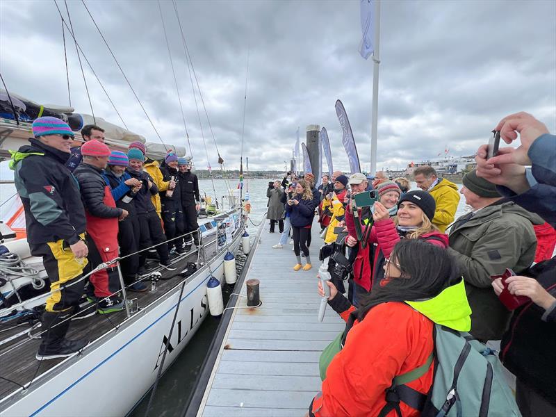 Individual custom knitted as sea BEANIES lined up as the crew prepared to pop the top of a few champagne bottles celebrating the end of their MCINTYRE OGR adventure photo copyright Don McIntyre / OGR2023 taken at Royal Yacht Squadron and featuring the Ocean Globe Race class
