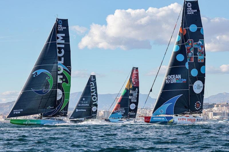 The Ocean Race IMOCA Leg 1 Start in Alicante: Holcim - PRB Team, Team Malizia, Guyot Environment - Team Europe and 11th Hour Racing Team photo copyright Sailing Energy / The Ocean Race taken at  and featuring the IMOCA class