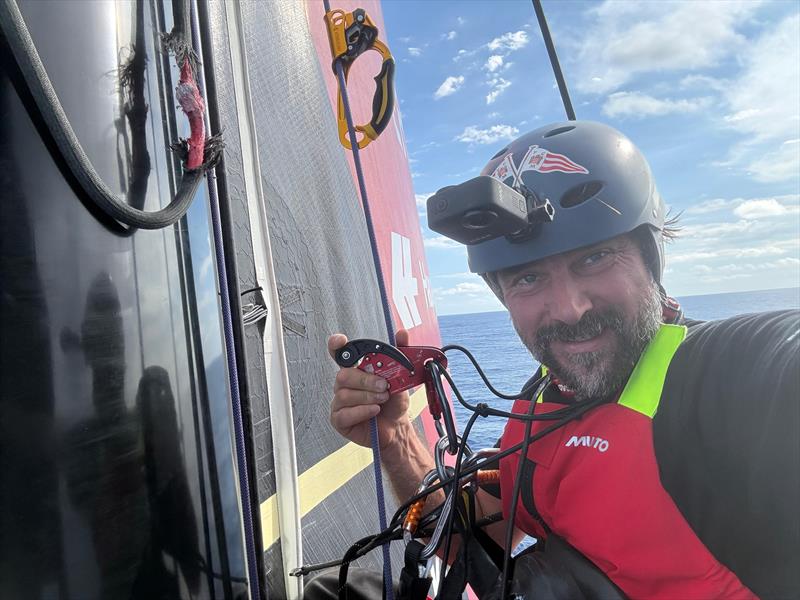 Undertaking a repair job 29 meters above the Ocean, damaged rope visible (top left, red) during the Vendée Globe 2024-25 photo copyright Boris Herrmann / Team Malizia taken at  and featuring the IMOCA class