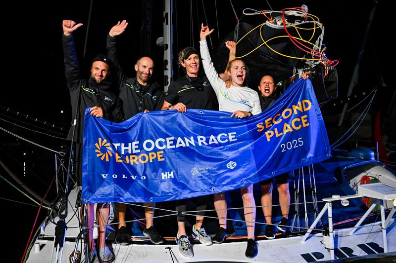 Crew of Team Holcim - PRB, Alan Roberts, Nicolas Lunven, Carolijn Brouwer, Skipper Rosalin Kuiper and OBR Anne Beauge celebrate finishing in 2nd place of Leg 5 during The Ocean Race Europe in Boka Bay, Montenegro on September 15 - photo © Vincent Curutchet / The Ocean Race