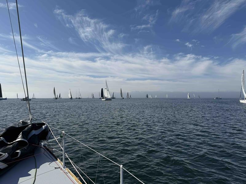 The fleet emerges from the fog, just before the start - photo © David Schmidt